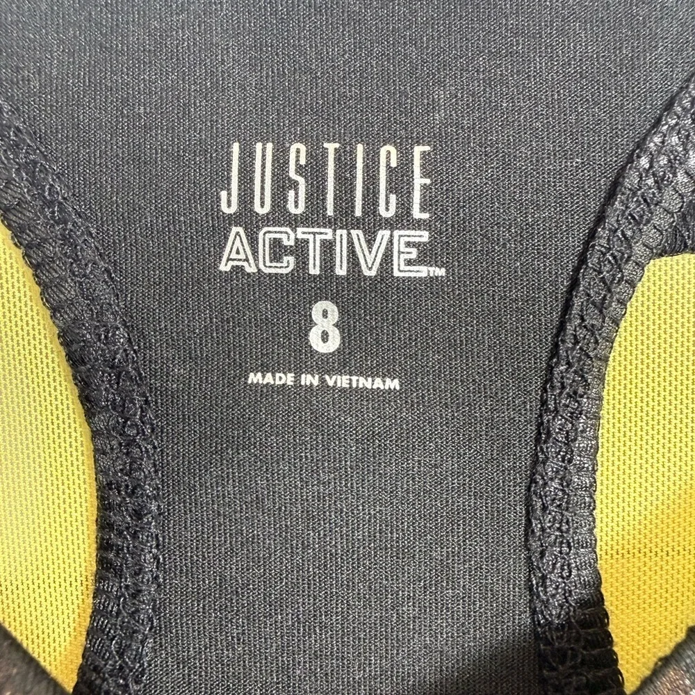 Justice Active Girls Yellow Black Graphic Athletic Top Built-In Sports Bra /Sz 8